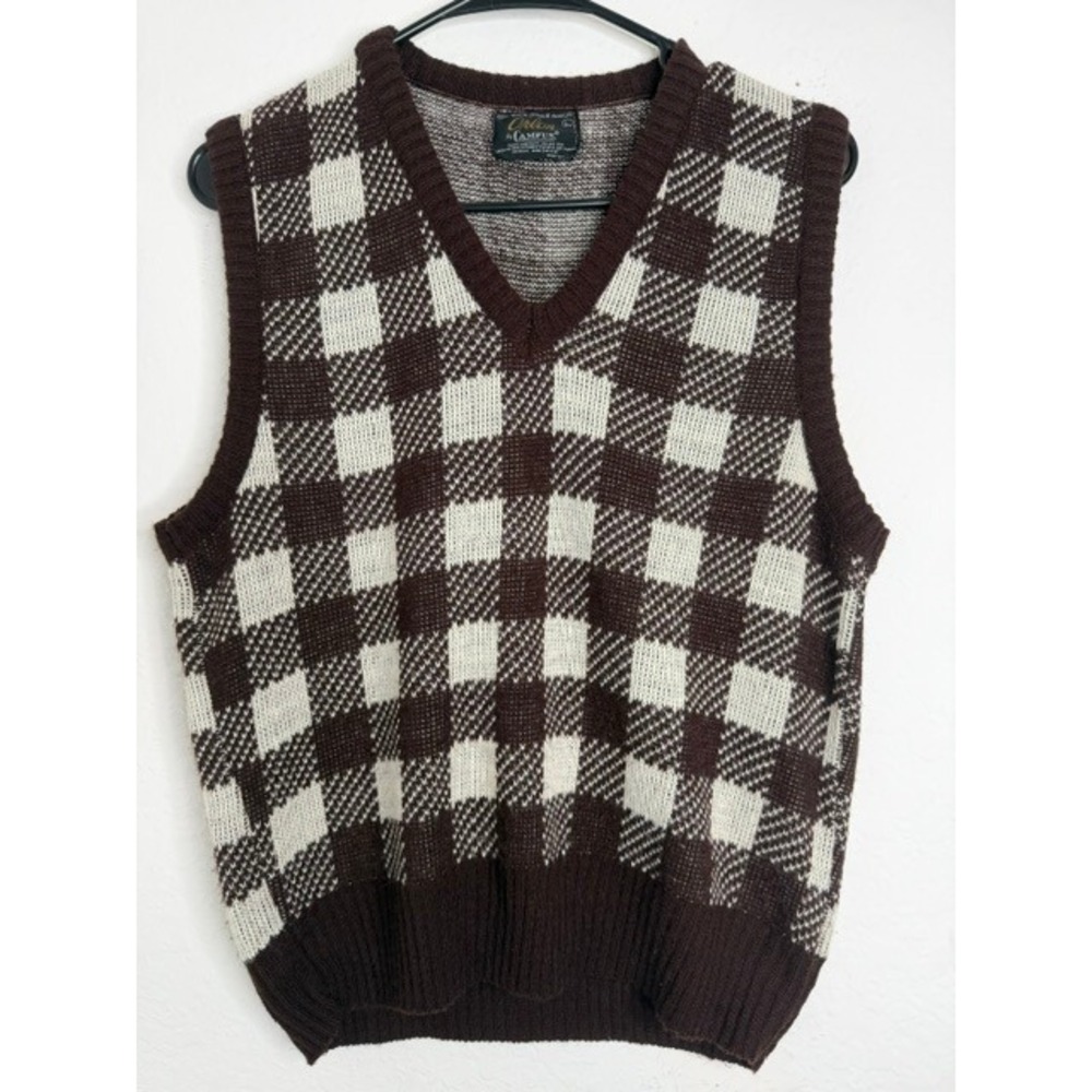 Vintage Campus Orlon Sweater Vest Mens Large Brown Checkered V-Neck Made in USA